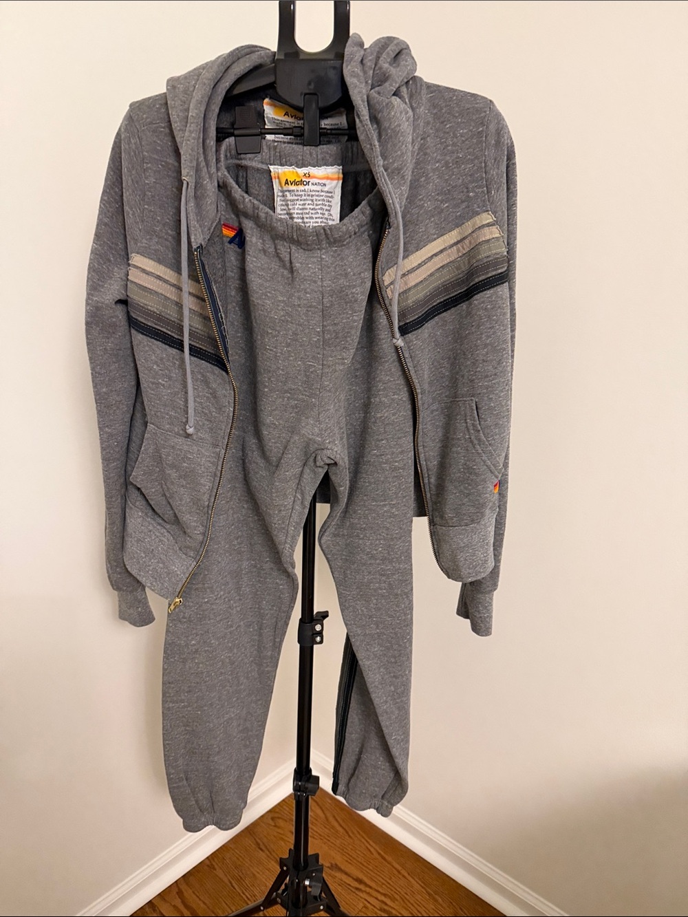 Aviator Nation Heather Gray Striped Zip Hoodie & Joggers Set